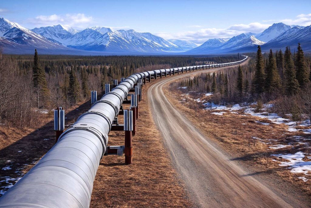Aerial view of the Alaska pipeline running through a valley with mountains in the background.