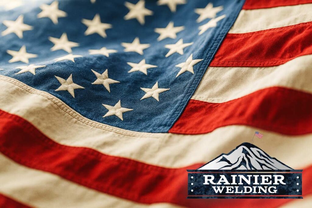 American flag close-up with the Rainier Welding logo overlayed in the corner.