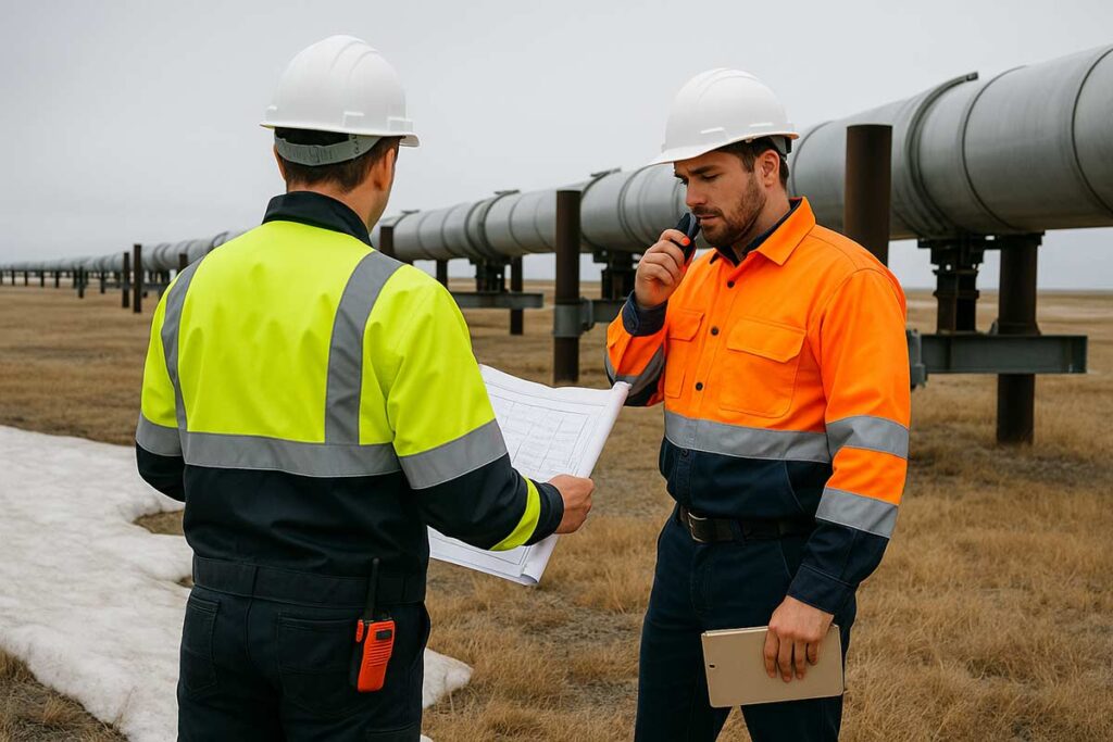 Two engineers reviewing plans at an above-ground pipeline site in Alaska.