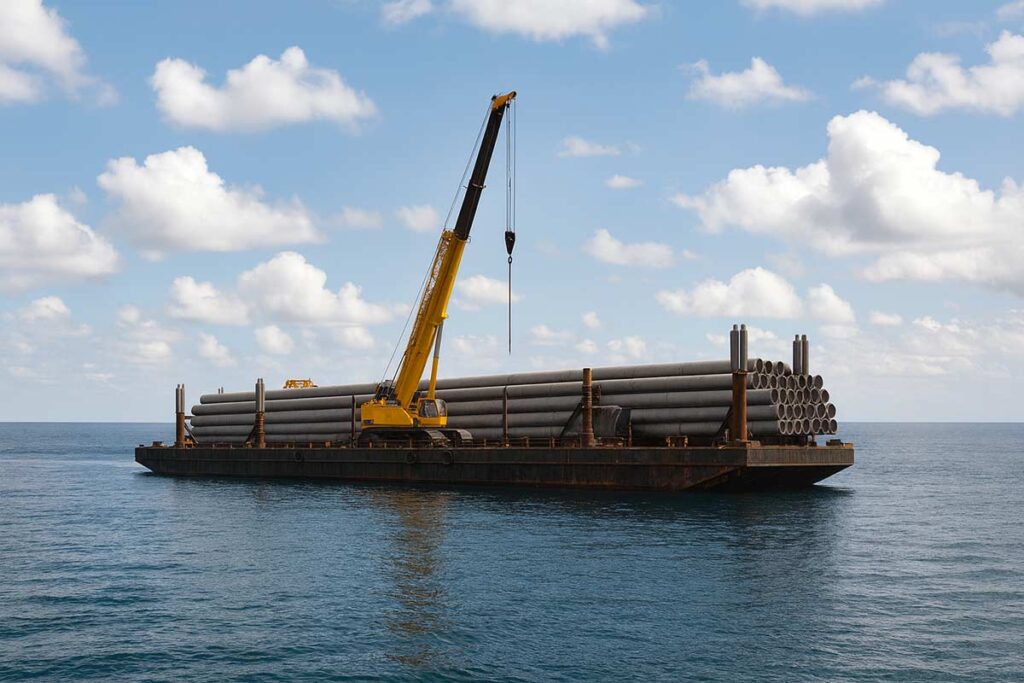 Large barge transporting steel pipeline sections with a crane in open water.